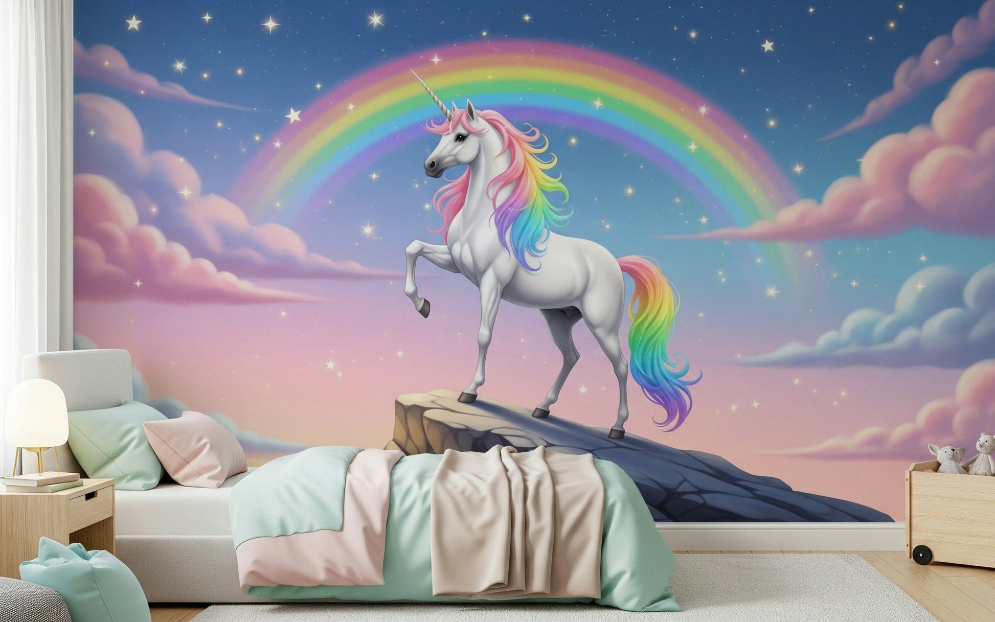 Fantasy landscape wallpaper behind grey couch, modern living space backdrop