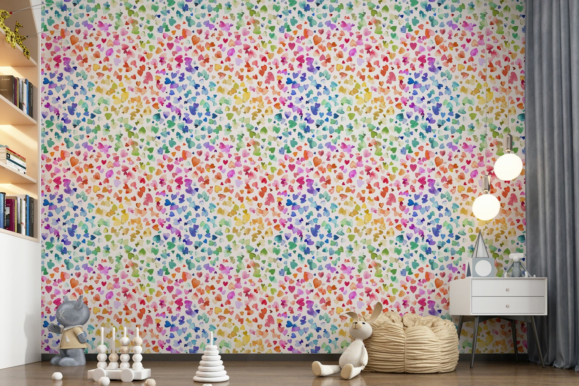 Playroom wall decor with colorful watercolor hearts and toy storage.