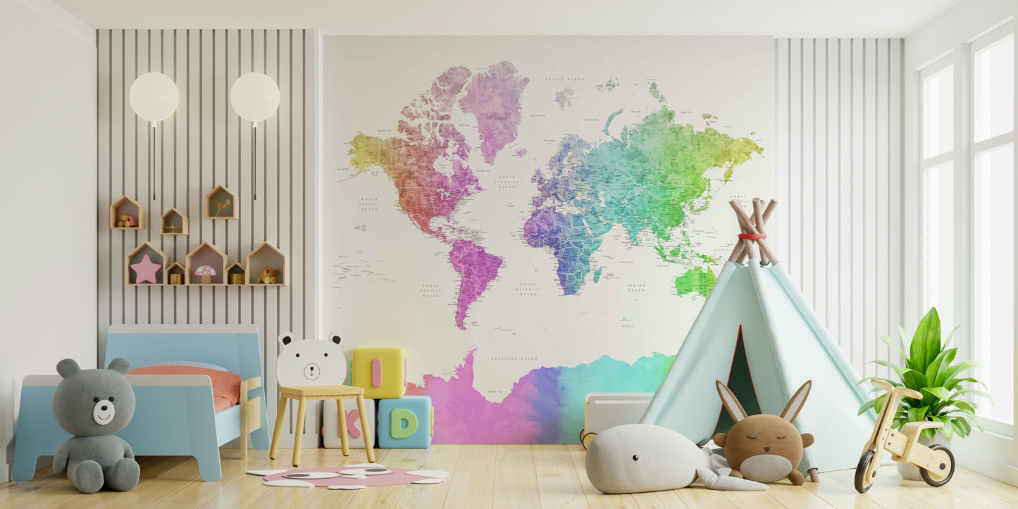Watercolor-style world map in rainbow tones for walls

