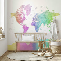Soft pastel rainbow world map design on wallpaper

