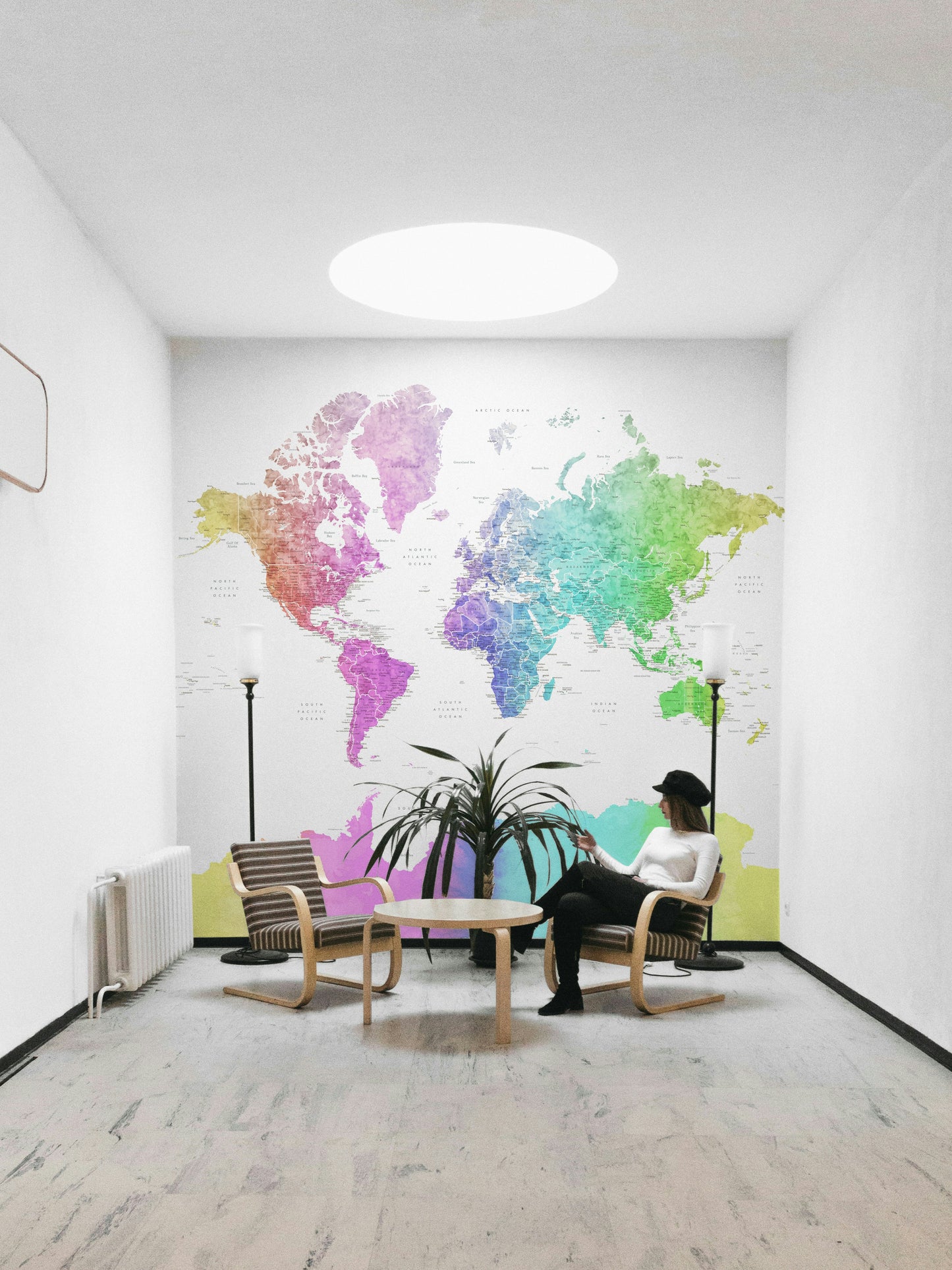 Educational wall mural with colorful world map design


