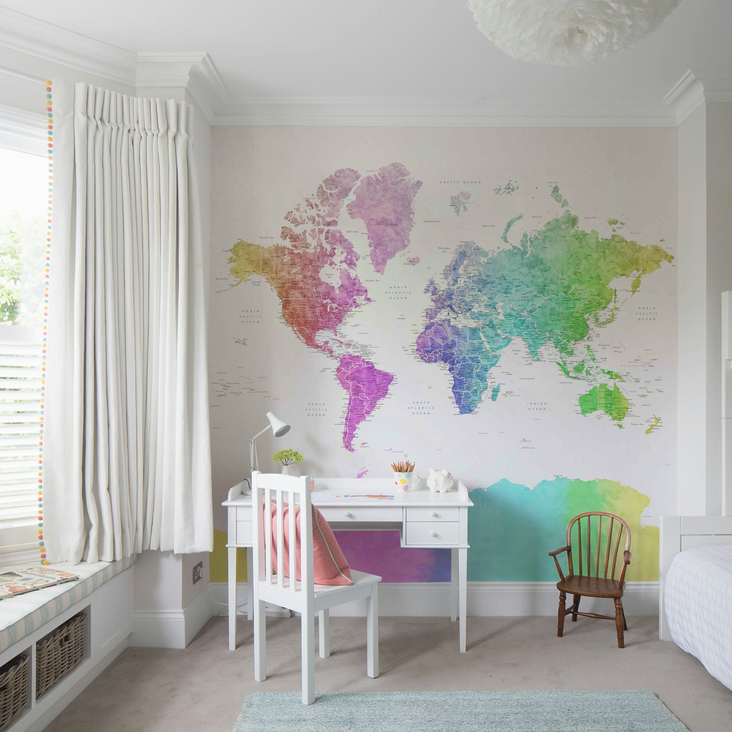 Rainbow watercolor world map wallpaper for walls

