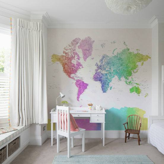 Rainbow watercolor world map wallpaper for walls

