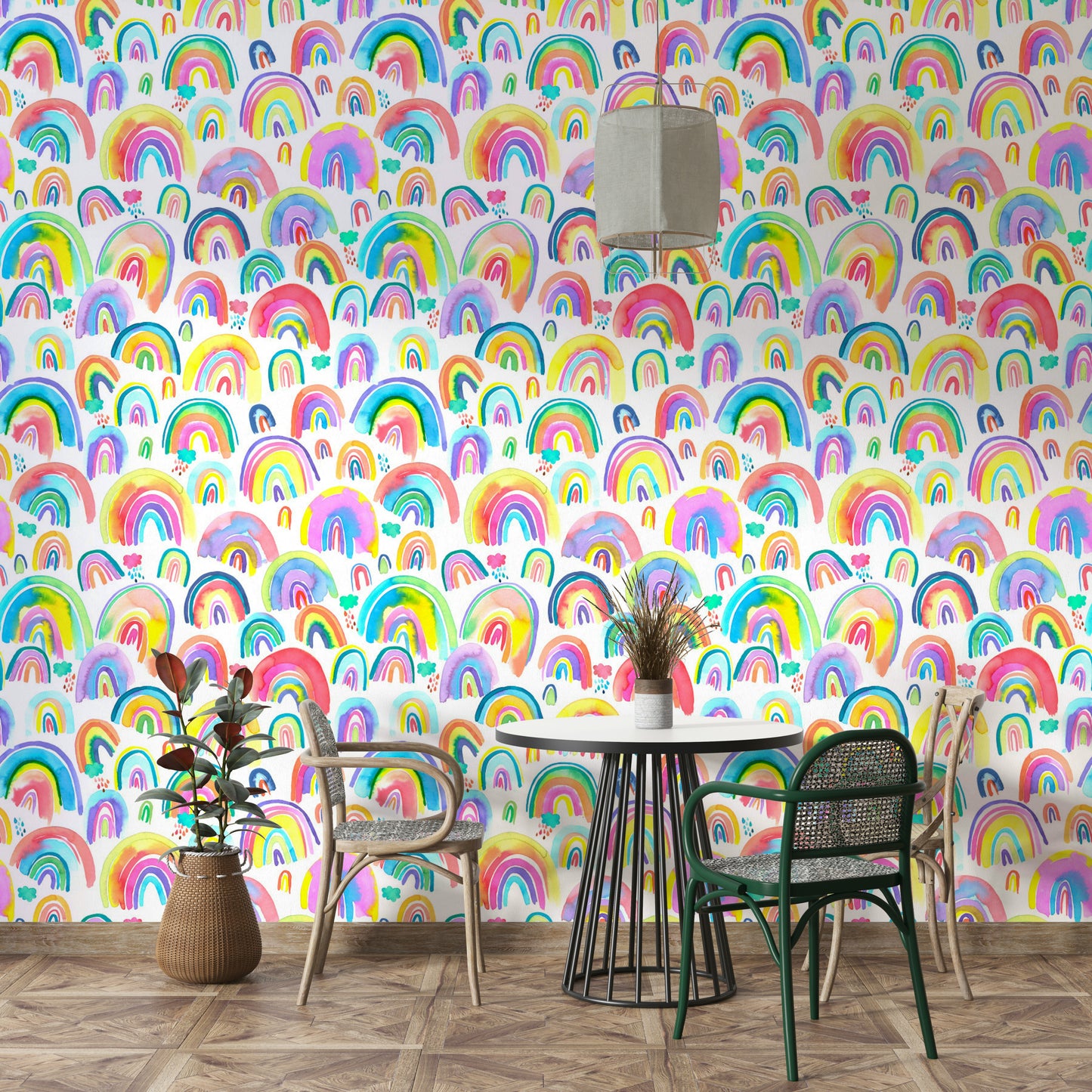 Watercolor rainbows in bold neon tones on a soft background.

