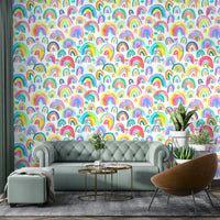 Colorful wallpaper with bright hand-drawn rainbow elements.

