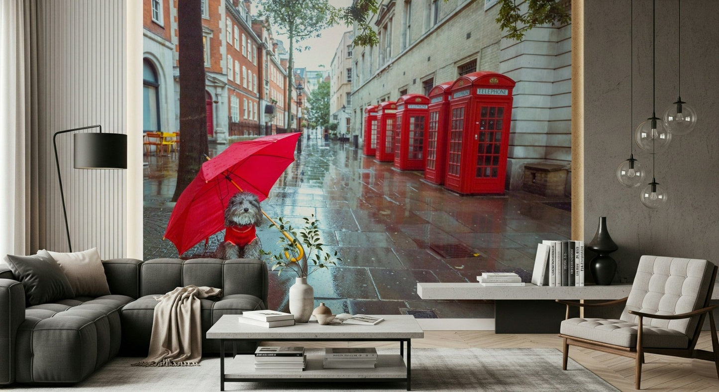 Cobblestone street scenery, cozy dog, bright umbrella, Rainy Day Pup wallpaper.