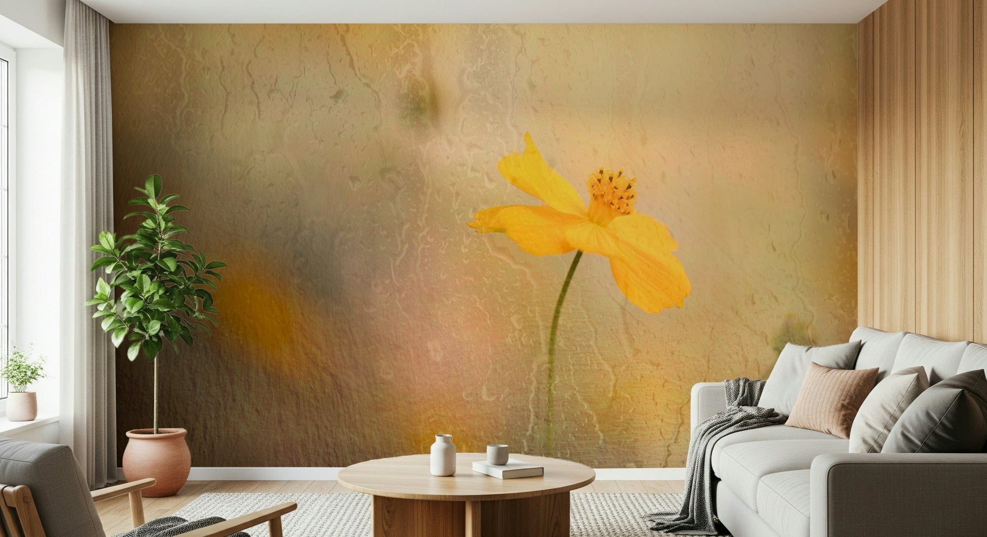 A peaceful flower design mural on decorative wallpaper.

