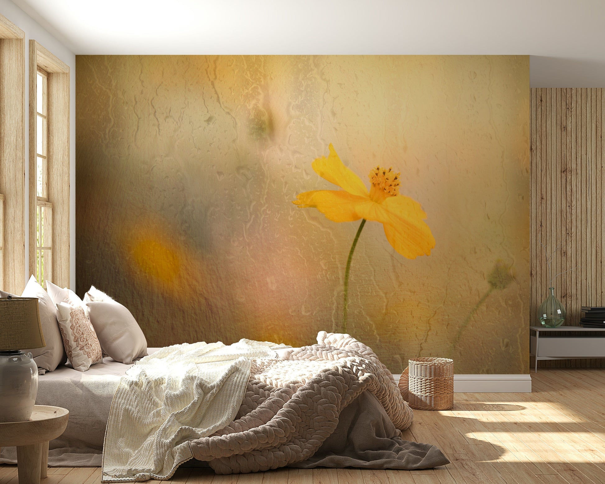 A serene subtle flower wall mural in cool, dark tones.

