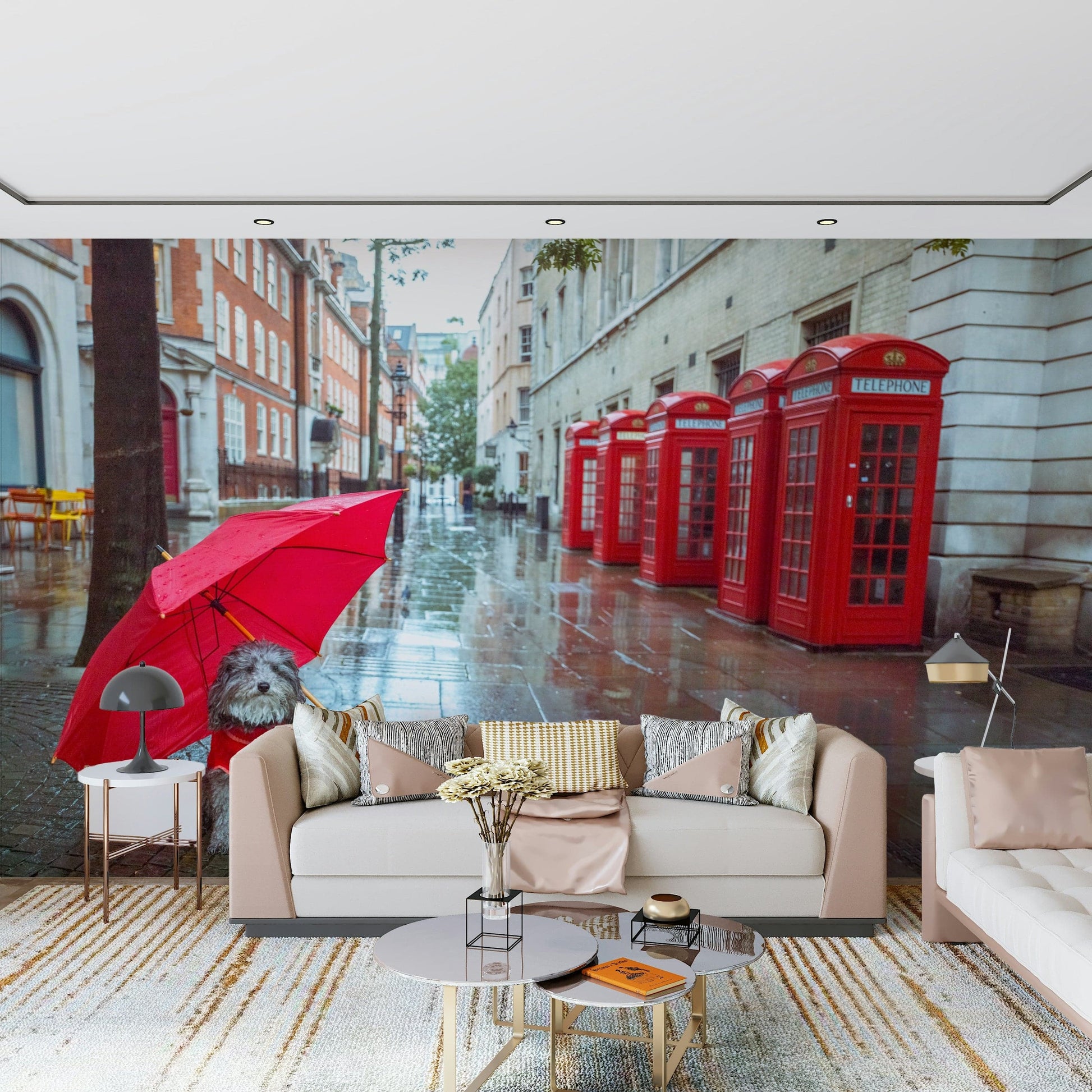 Rainy Day Pup photographic wall covering small dog, wet street, red phone boxes.