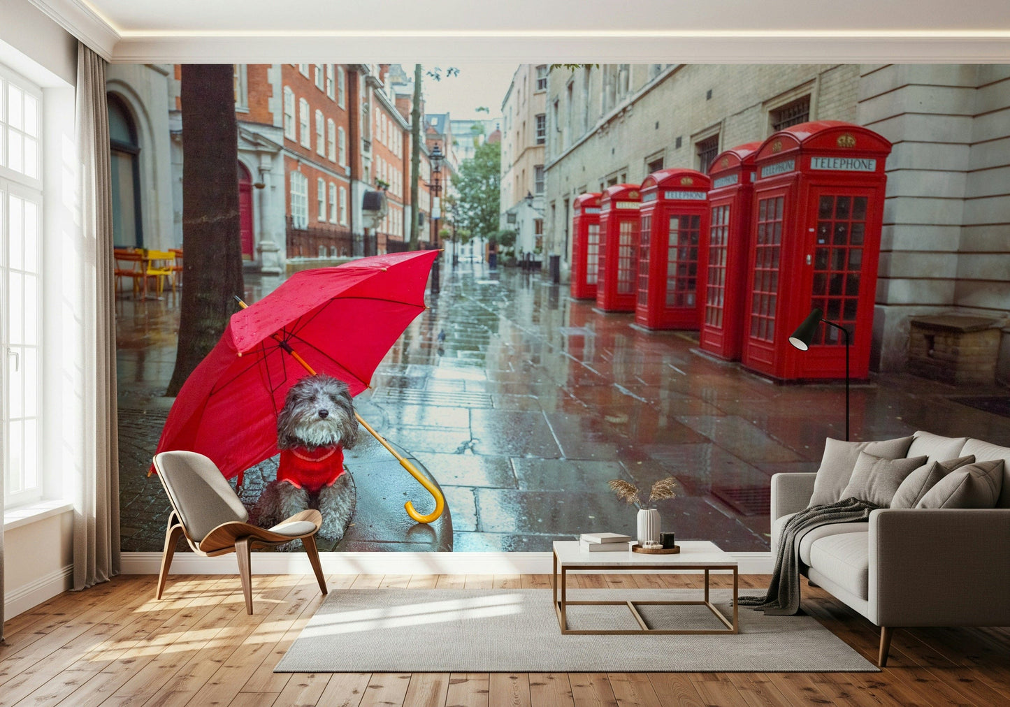Grey dog waiting under red canopy, urban setting, Rainy Day Pup wallpaper.