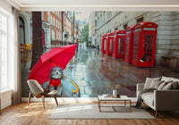 Grey dog waiting under red canopy, urban setting, Rainy Day Pup wallpaper.