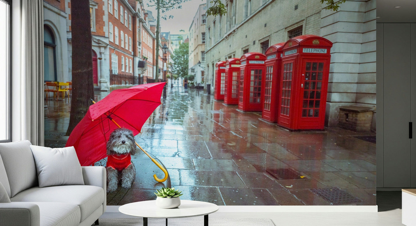 Rainy Day Pup mural sweet dog, bright umbrella, historic European building background.