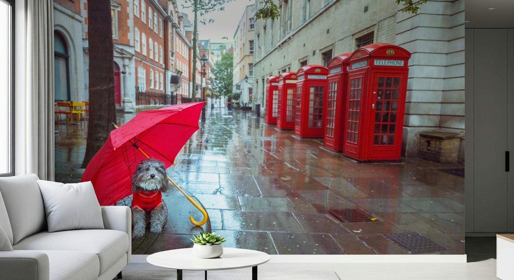 Rainy Day Pup mural sweet dog, bright umbrella, historic European building background.