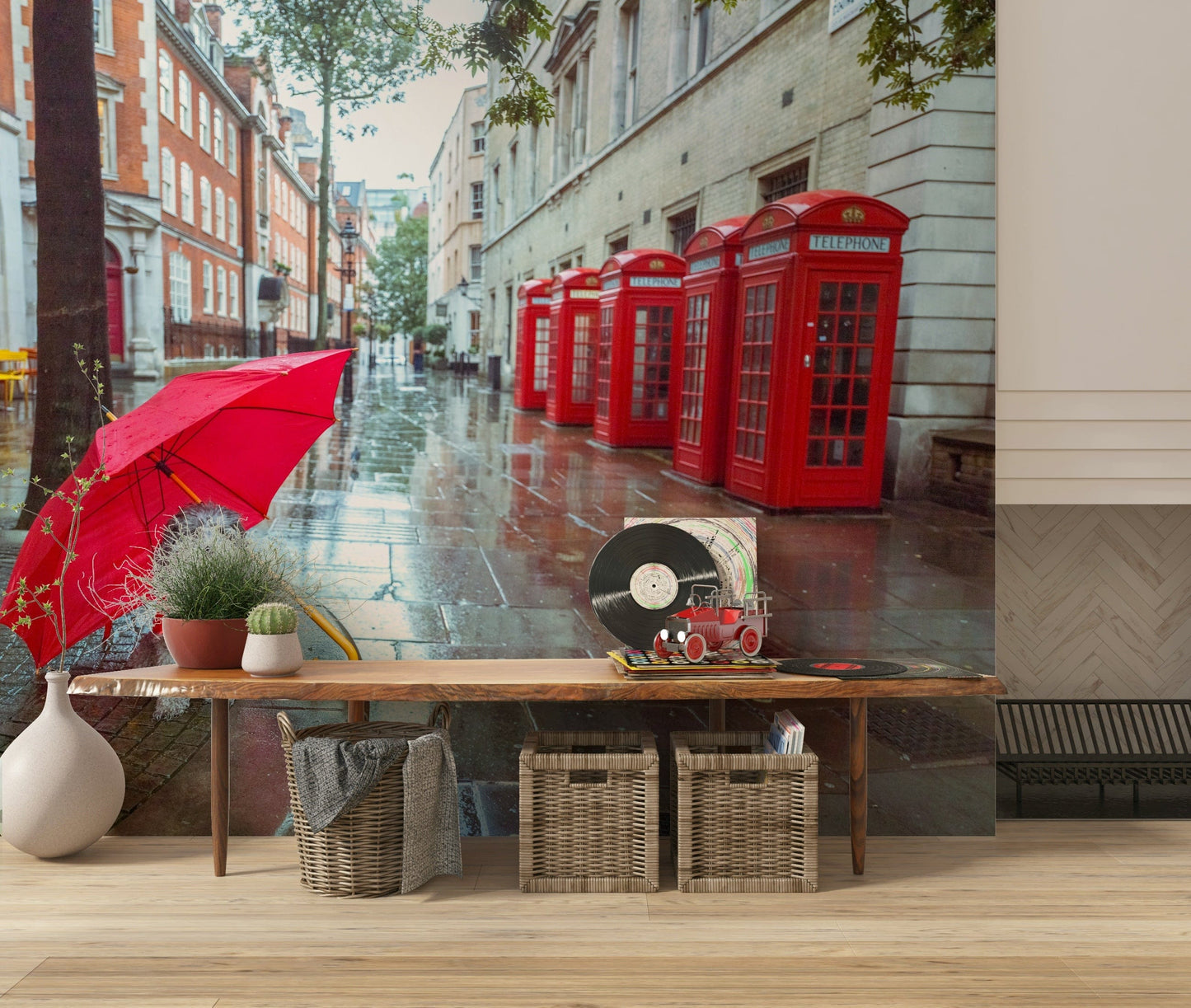 Unique Rainy Day Pup wall decor showing dog resting under vibrant brolly.