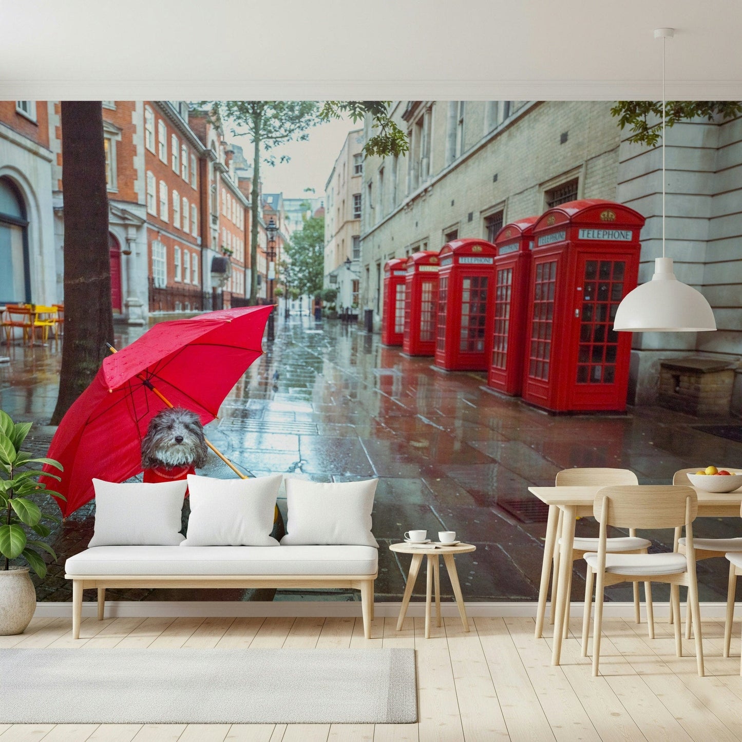 Row of classic red phone boxes in rain, Rainy Day Pup wall art design.