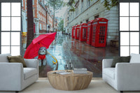 Charming terrier in sweater, red umbrella, Rainy Day Pup wall covering print.