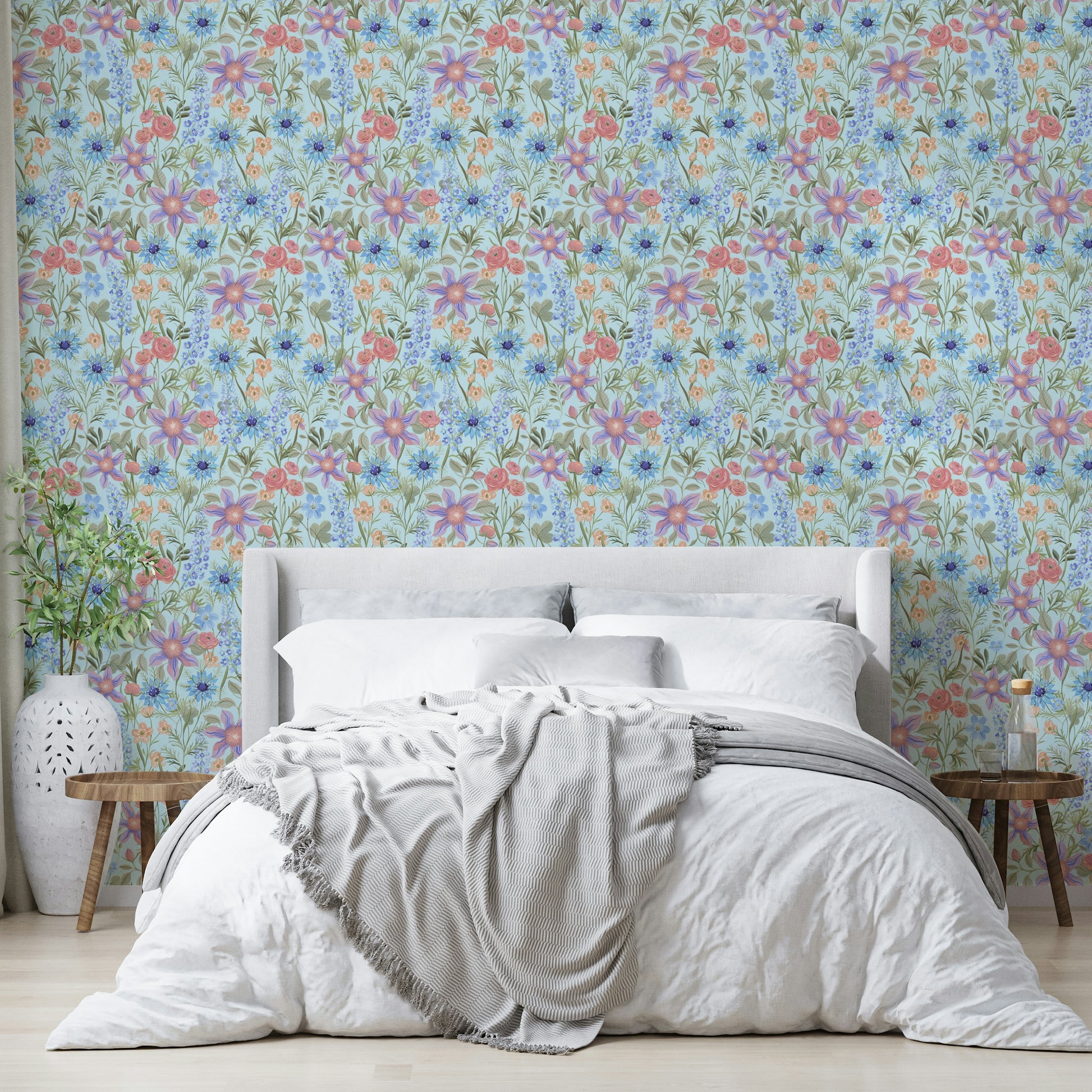 Ranunculus print wallpaper with sky tone base

