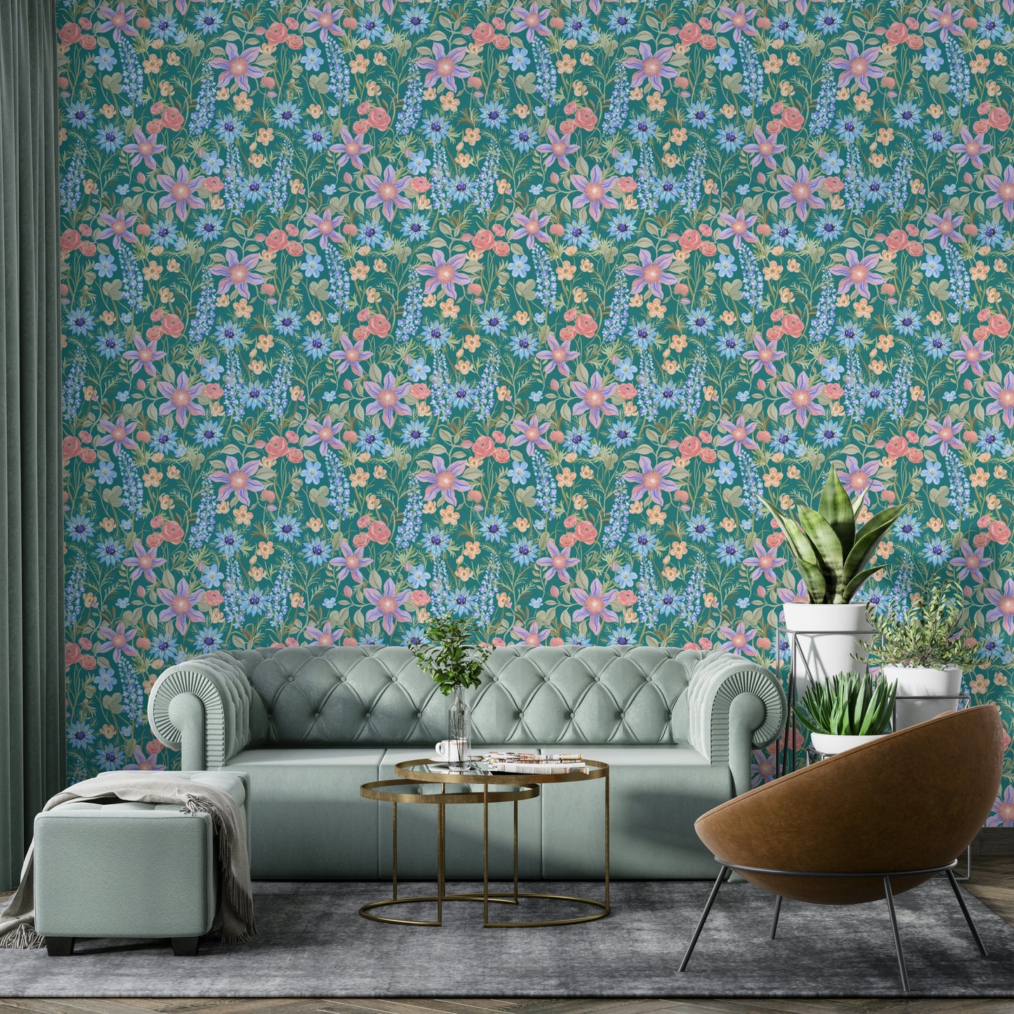 Vintage floral wallpaper in teal and soft pastels

