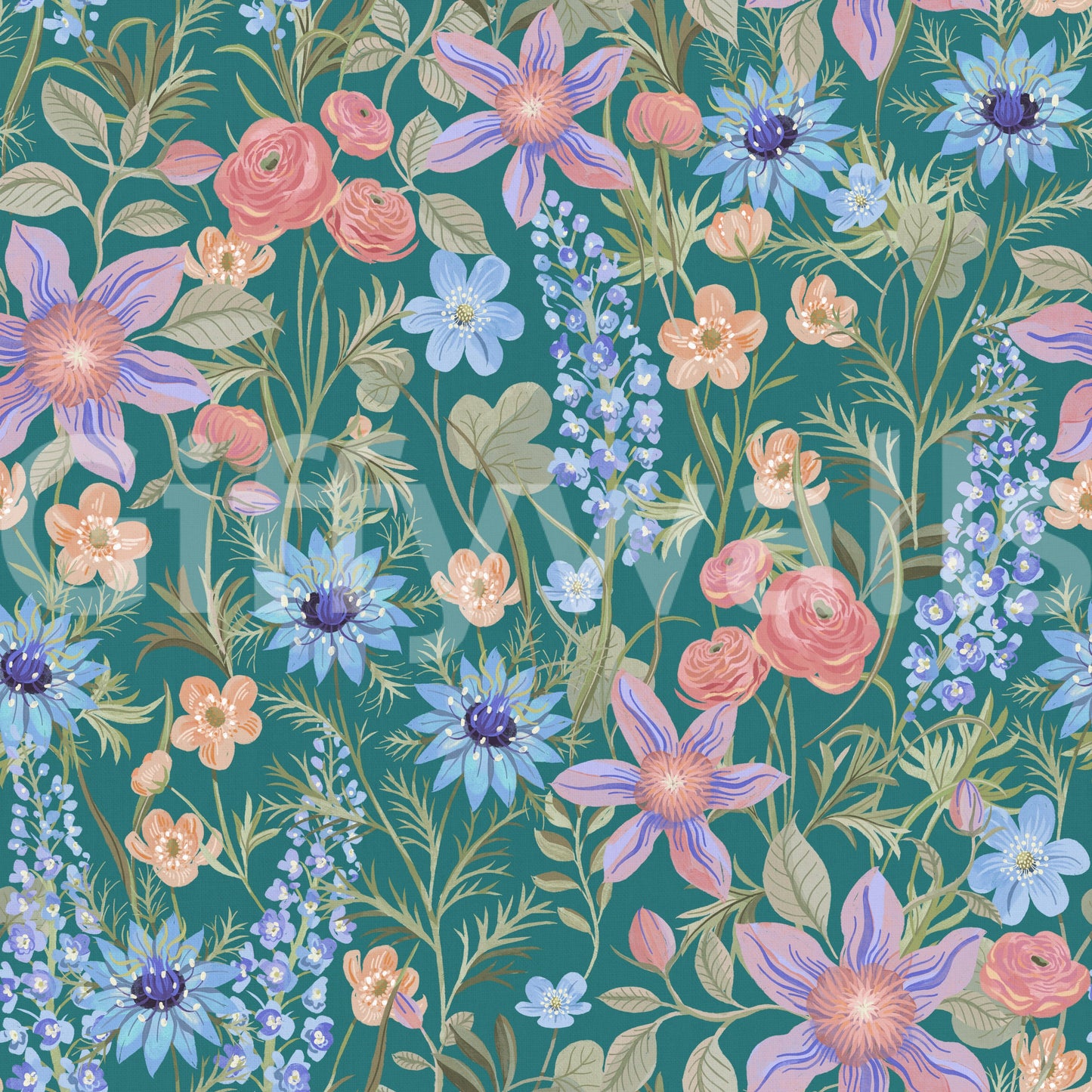 Ranunculaceae retro teal Wallpaper⁠