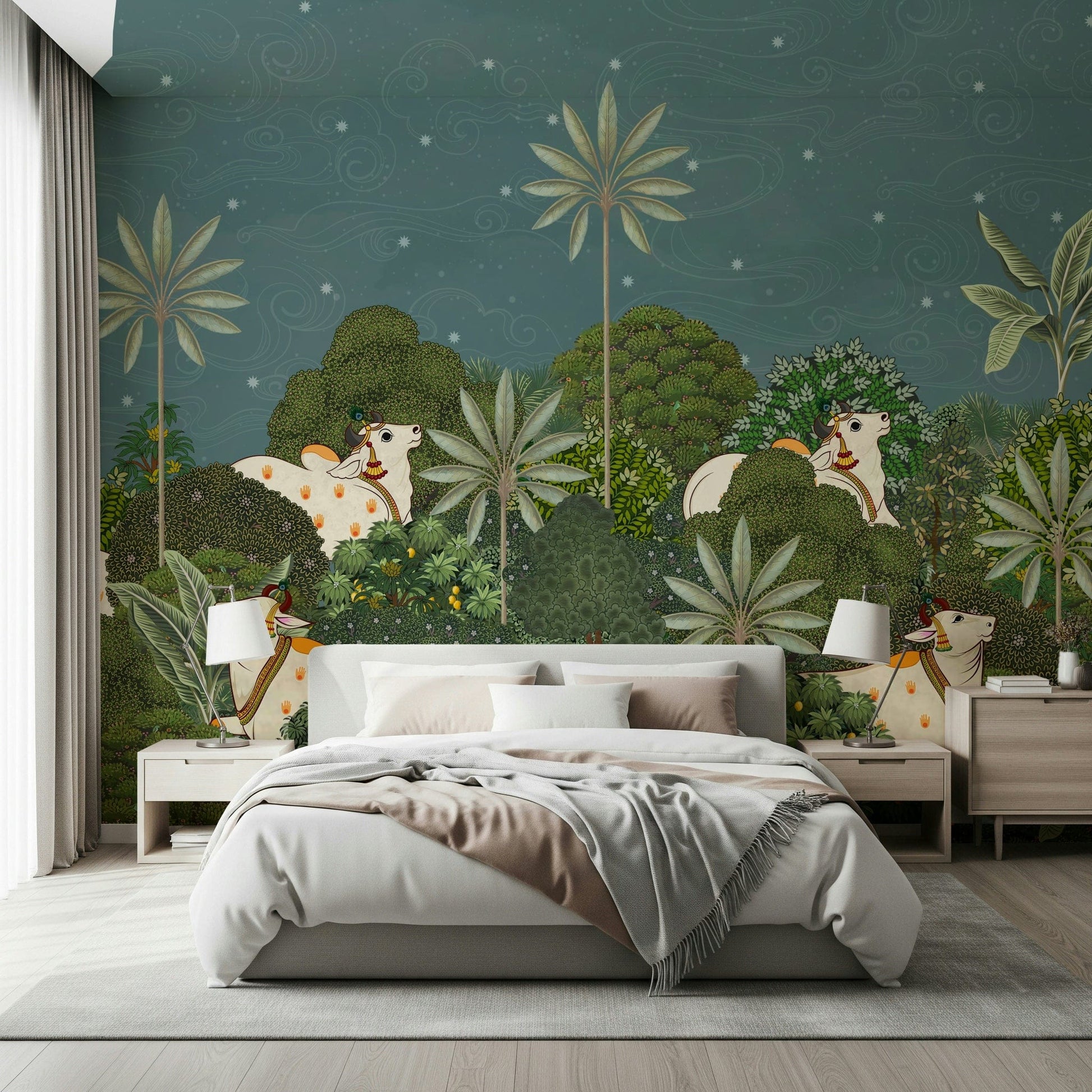 Ratri Pichwai wall mural in hallway with pichwai art theme