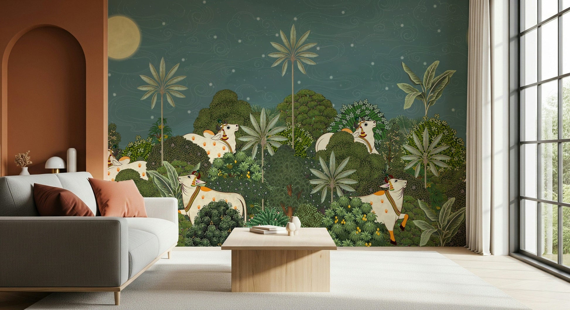 Ratri Pichwai mural design with subtle highlights on dark background