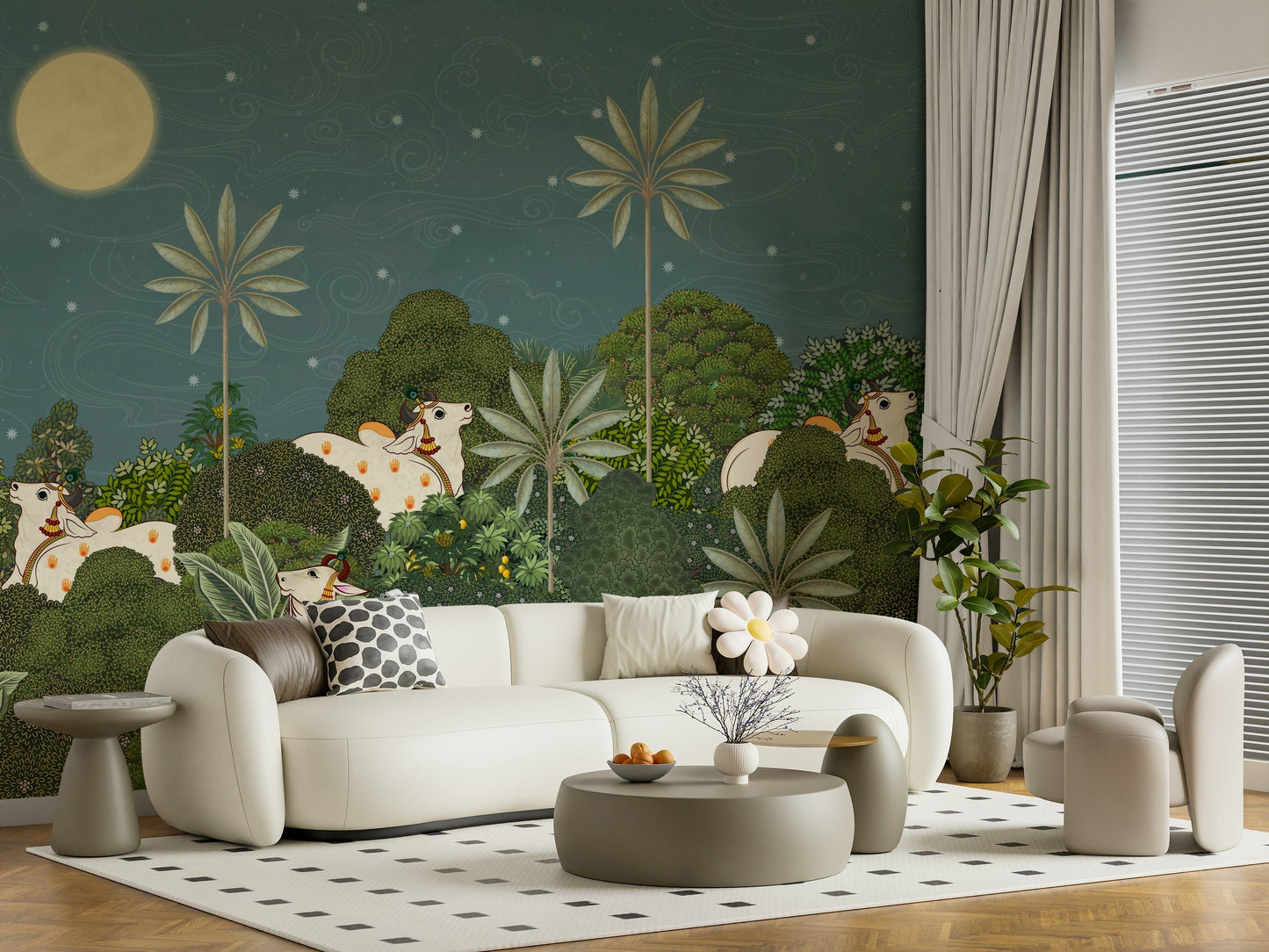 Close-up of Ratri Pichwai mural detailing traditional Indian patterns