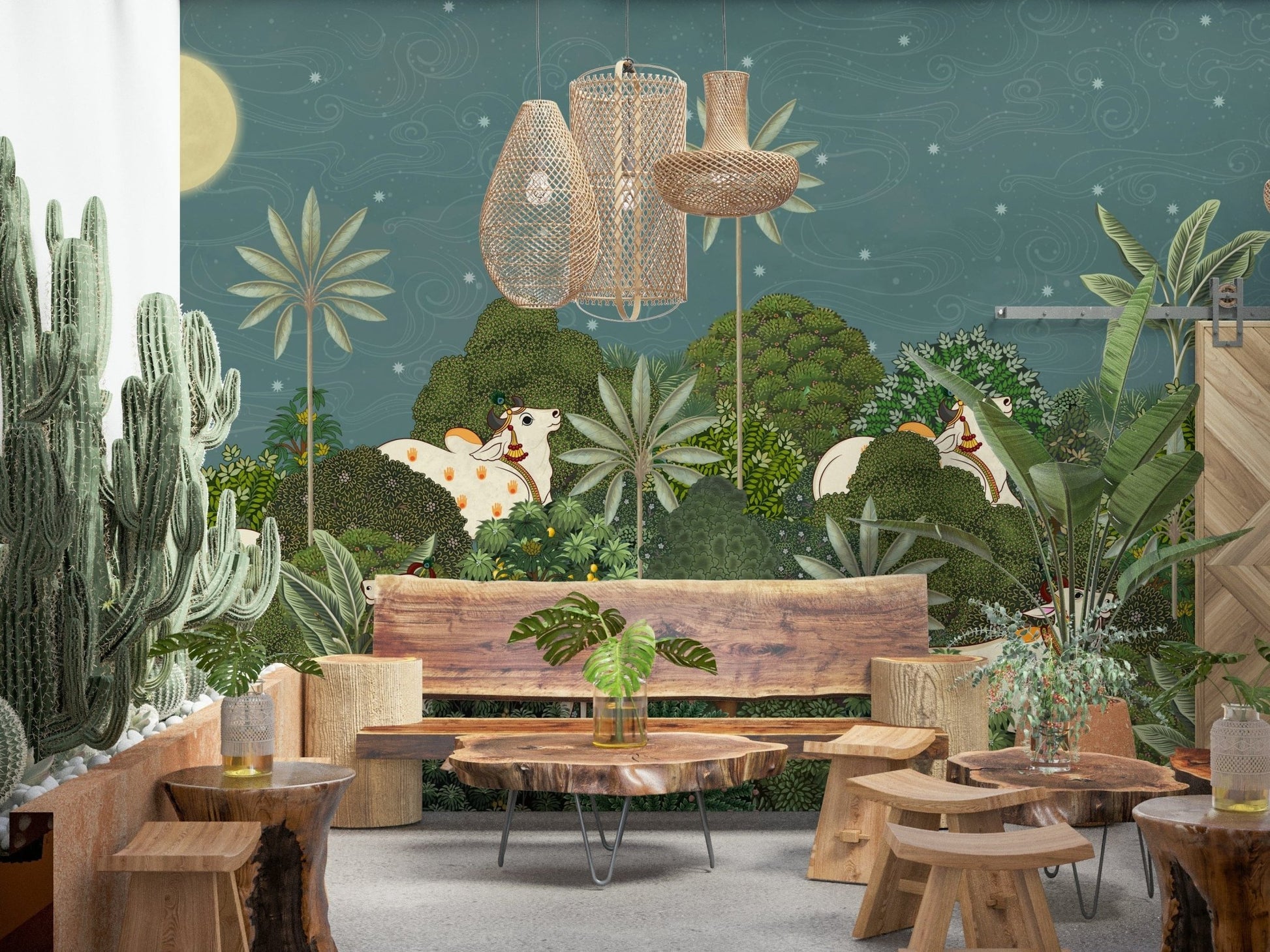 Pichwai-style wall mural in deep, calm tones for feature wall