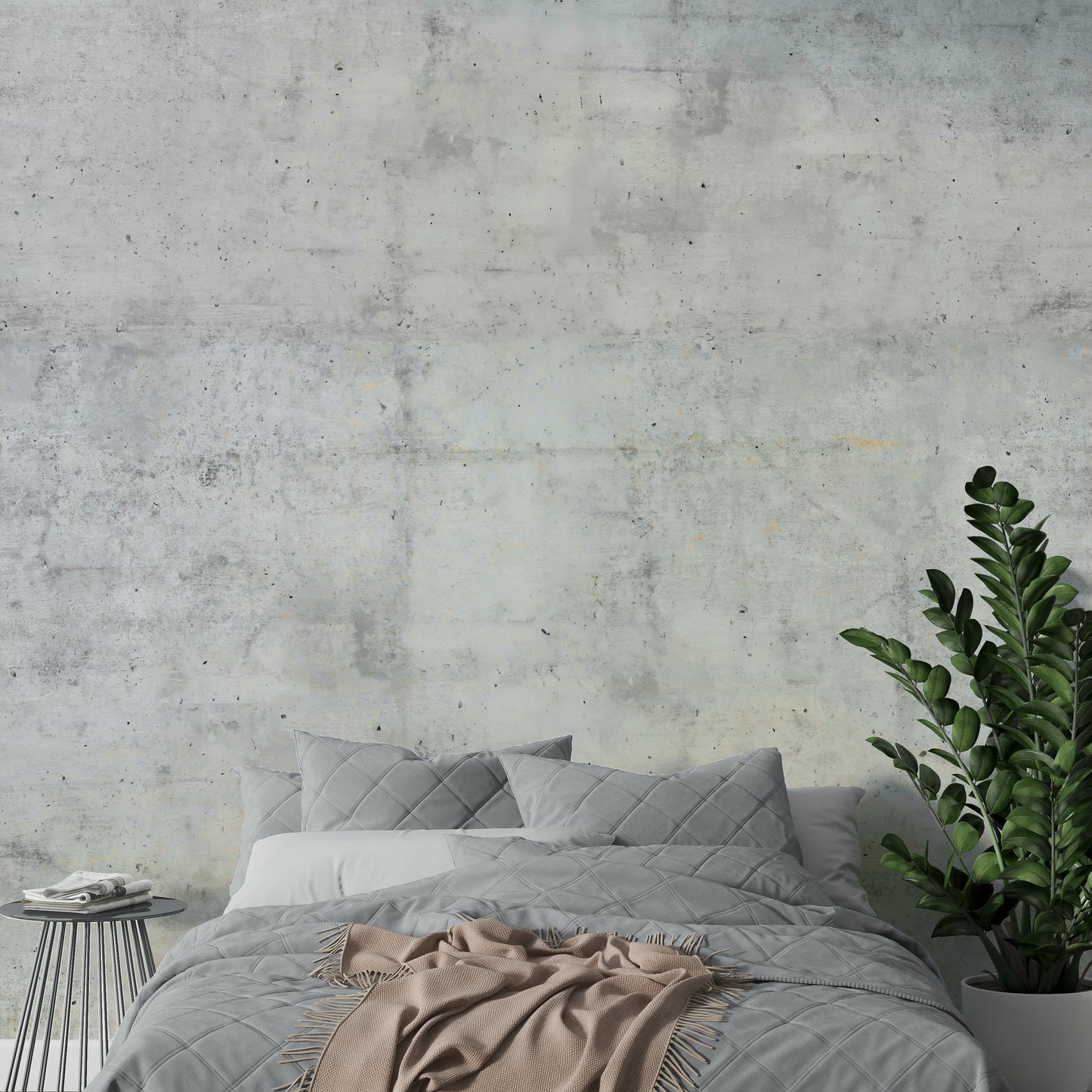A gray wall covering with a minimalist feel.

