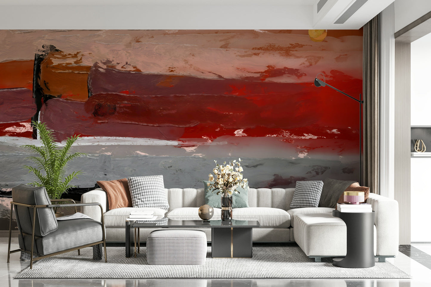 Large scale abstract nature scene in a modern open-plan dining area.