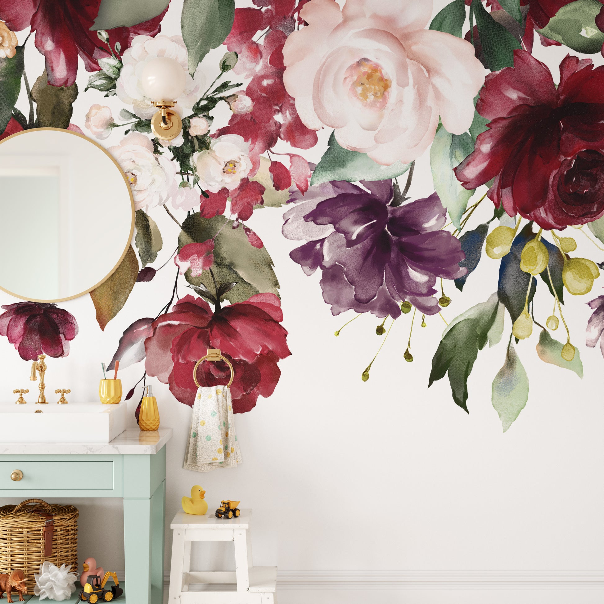 Bold floral mural wallpaper with red roses and greenery