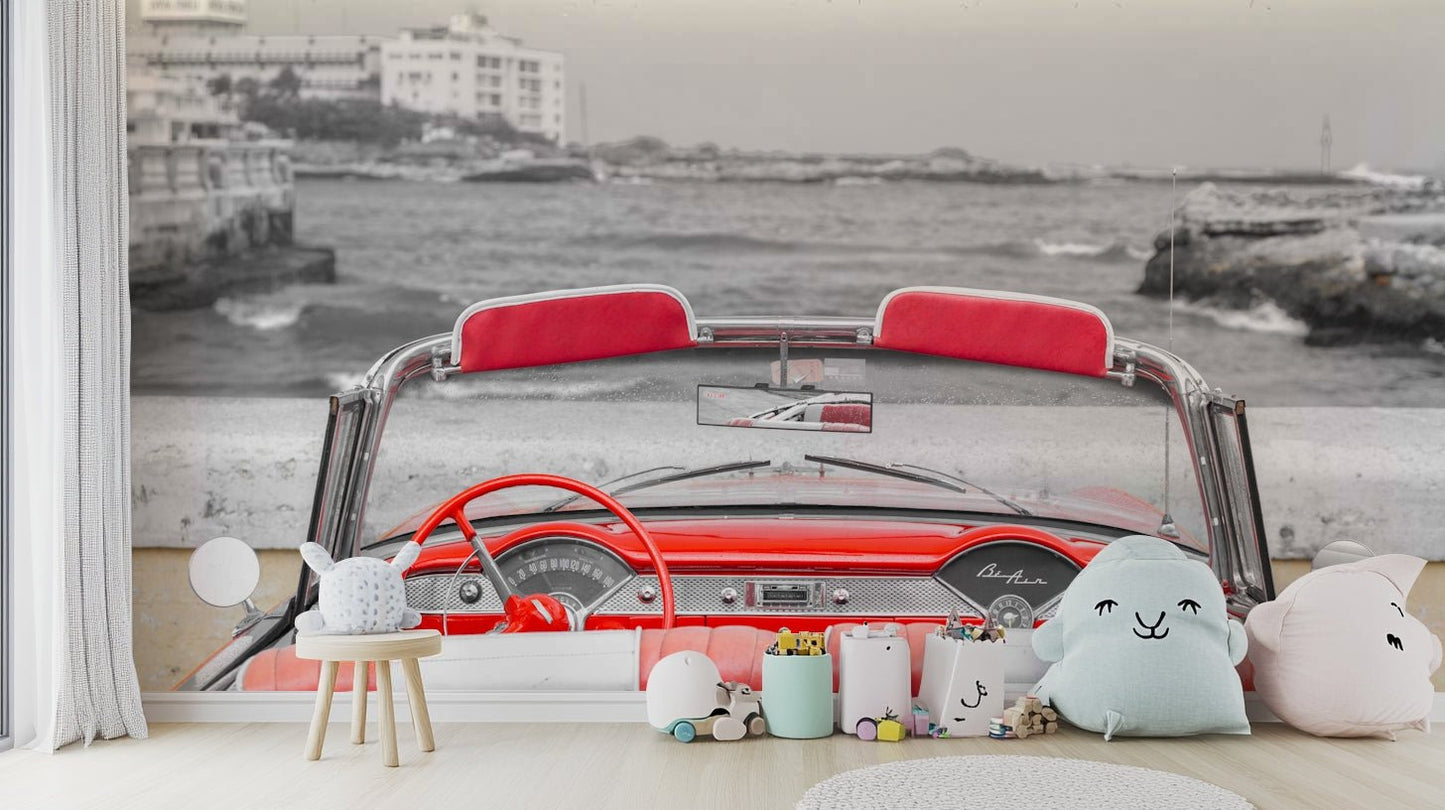 The mural gives a feeling of being inside a vintage car.

