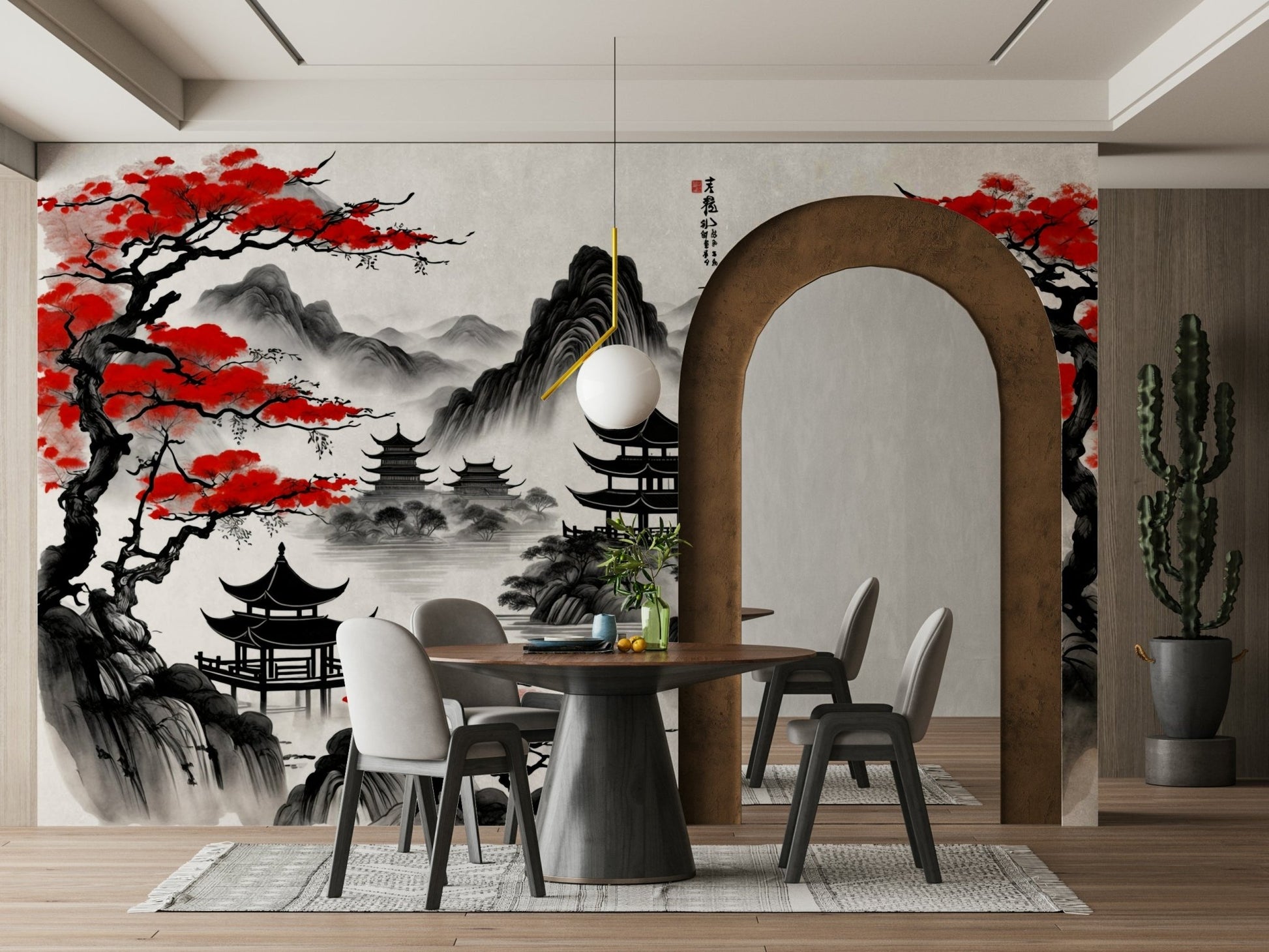 The colors are soft, muted tones of red, black, and white.

