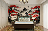 The image shows an artistic impression of a serene scene with a pagoda and blossoms.

