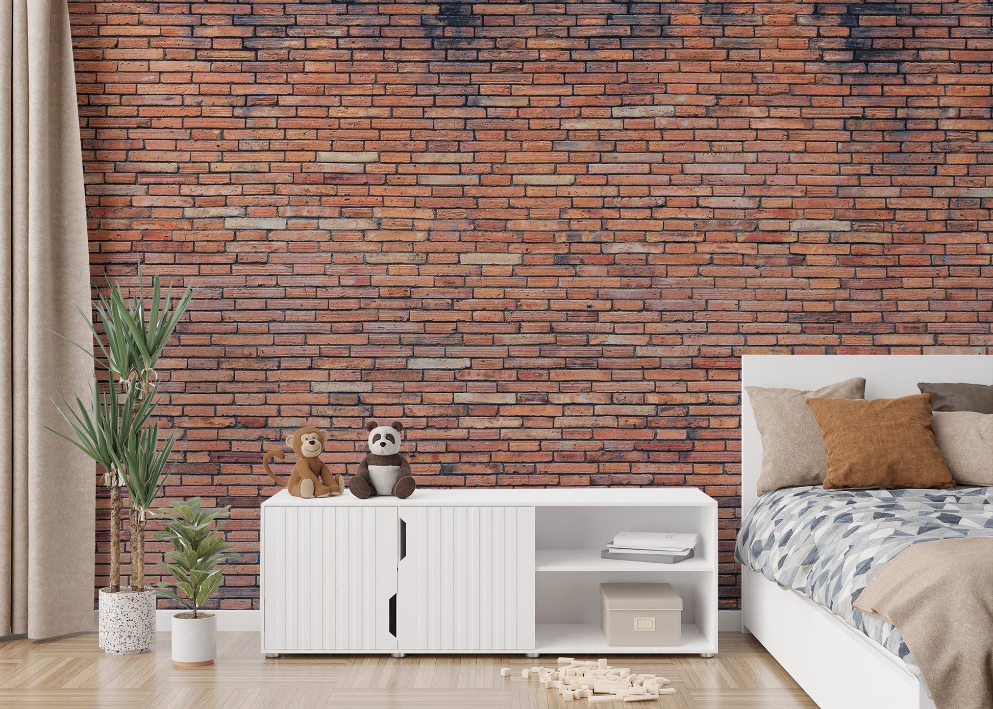 Authentic red brick wallpaper with grey mortar lines.