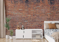 Authentic red brick wallpaper with grey mortar lines.