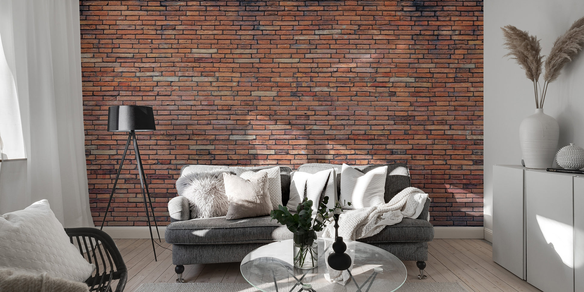 Realistic exposed brick wallpaper in deep ruby.