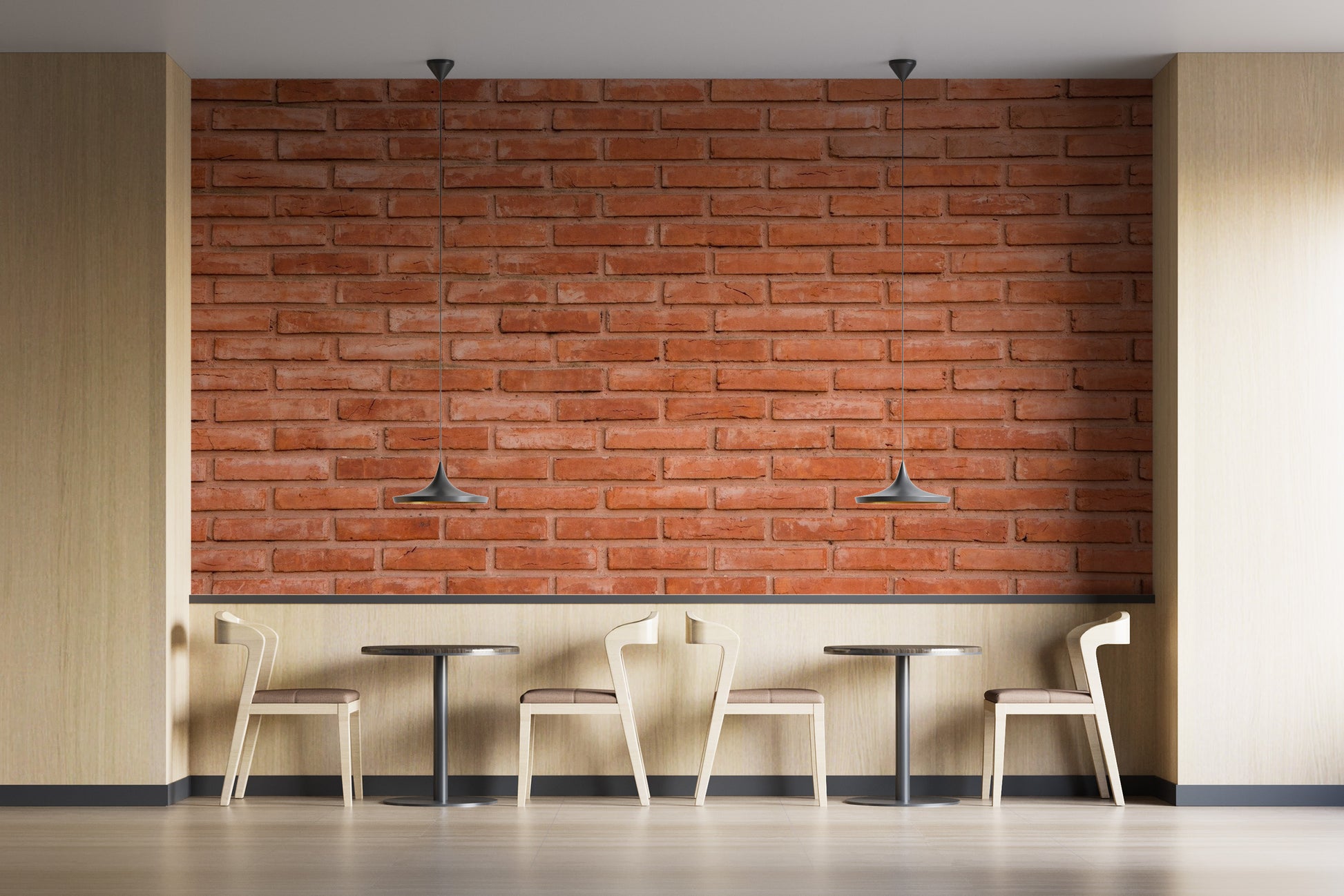 Traditional red clay brick wallpaper in a cafe area with warm lighting.