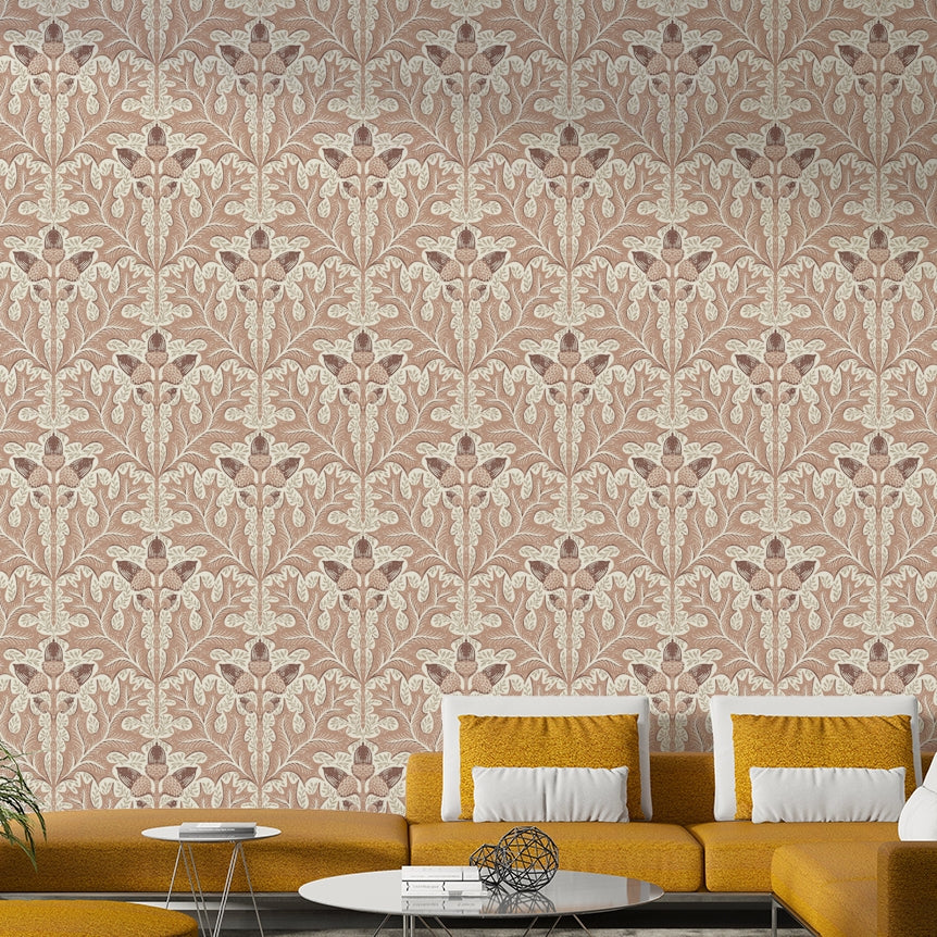 Regal red damask wallpaper with oak detailing

