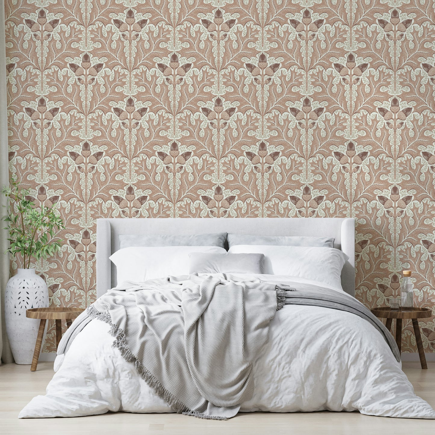 Vintage-style red oak damask wall design


