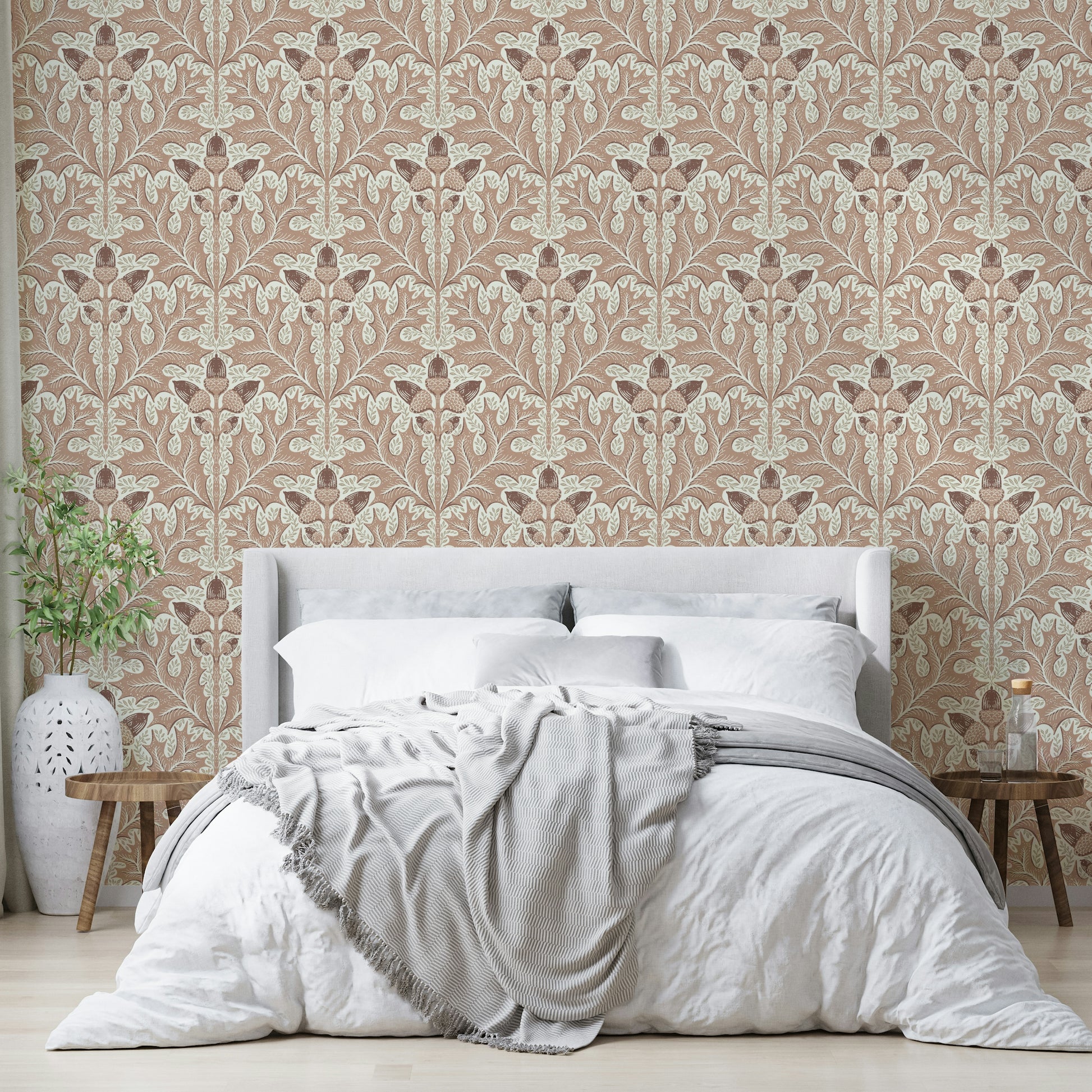 Vintage-style red oak damask wall design

