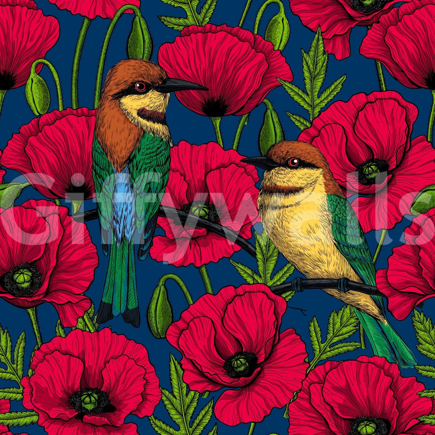 Dark blue floral wallpaper with bird illustrations

