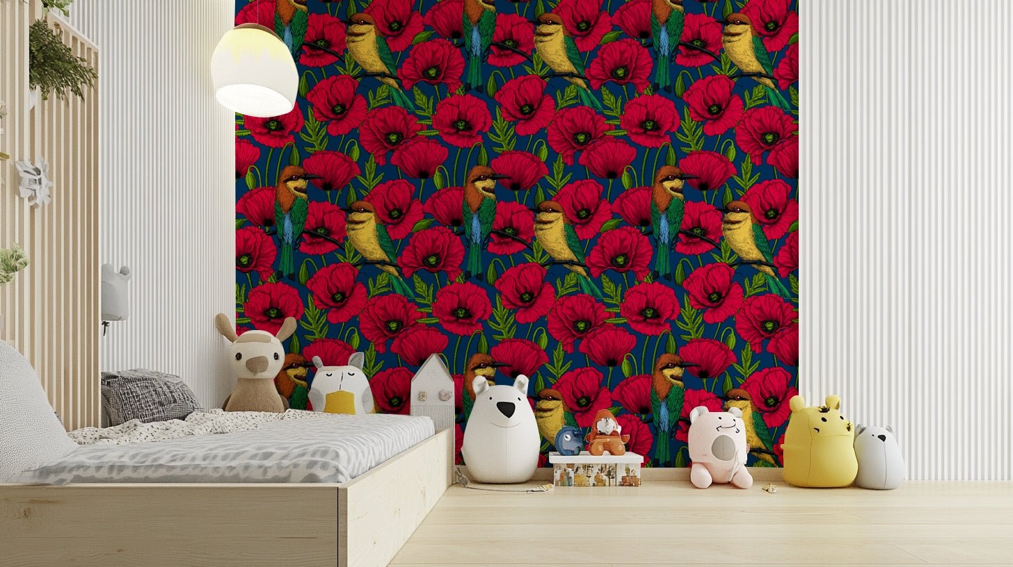 Floral wallpaper with red poppies and exotic birds

