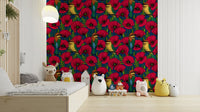 Floral wallpaper with red poppies and exotic birds

