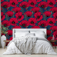 Rich red poppies floral wallpaper for dramatic spaces

