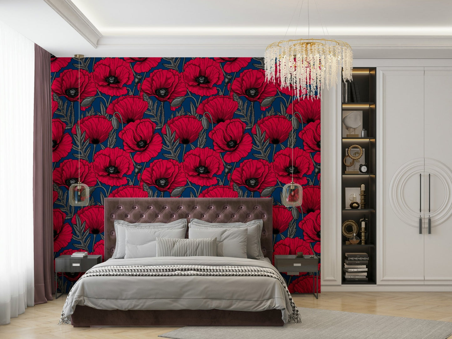 Elegant floral wallpaper with red poppies and blue backdrop

