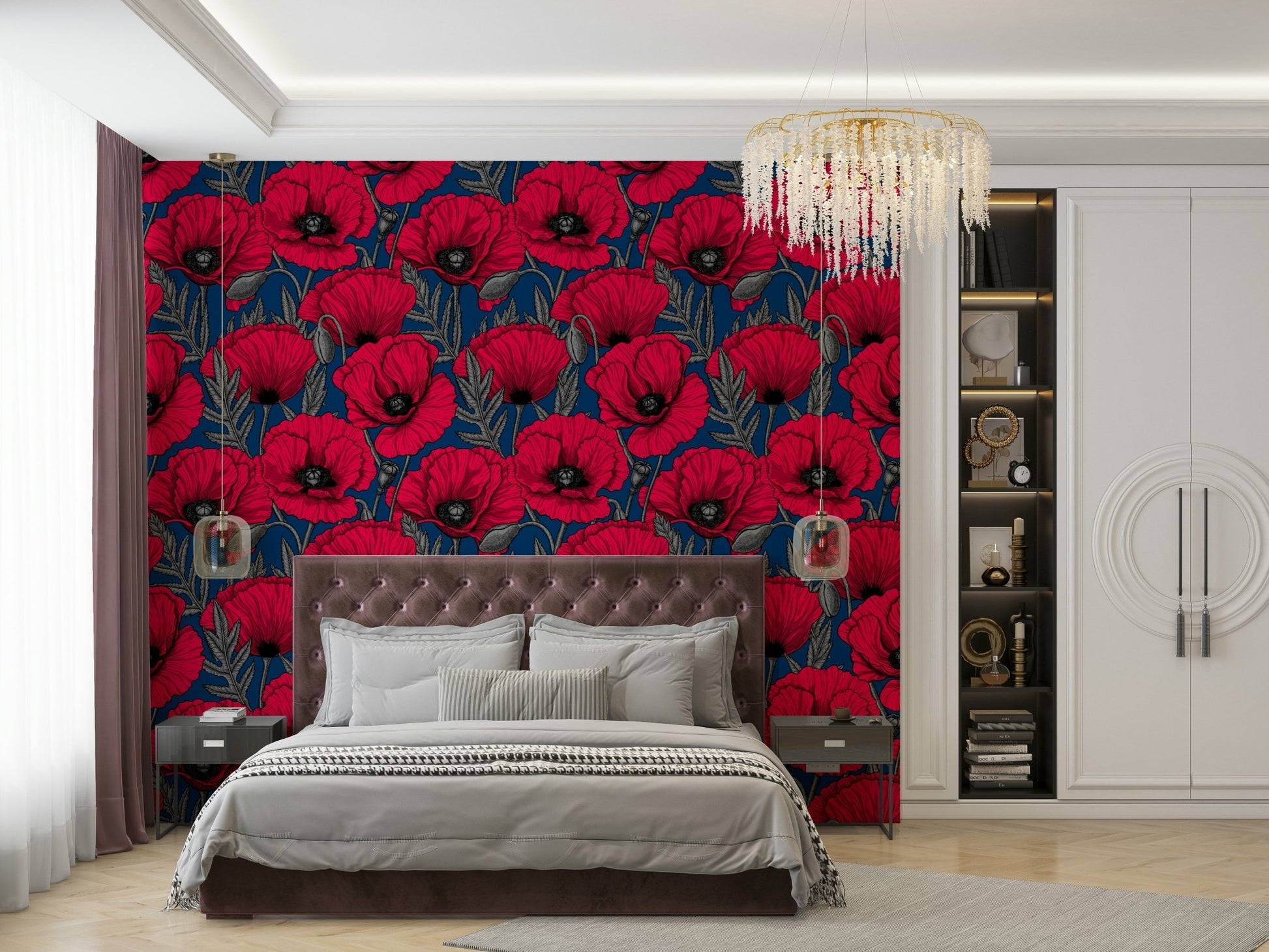 Elegant floral wallpaper with red poppies and blue backdrop

