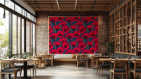 Red poppies on dark blue wallpaper with bold contrast

