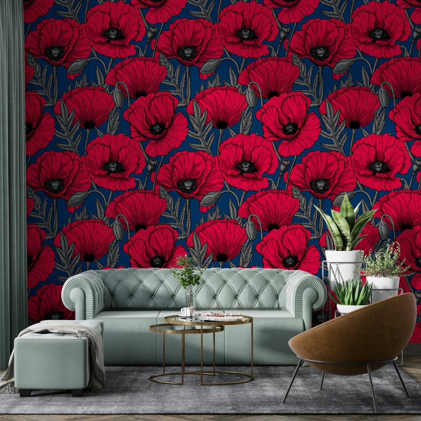Striking red poppies on a dark blue floral wallpaper design

