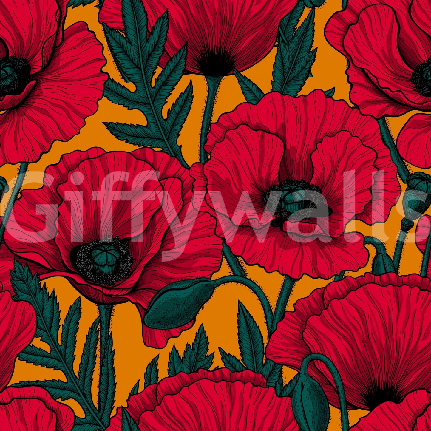 Warm orange wallpaper featuring vibrant red poppies


