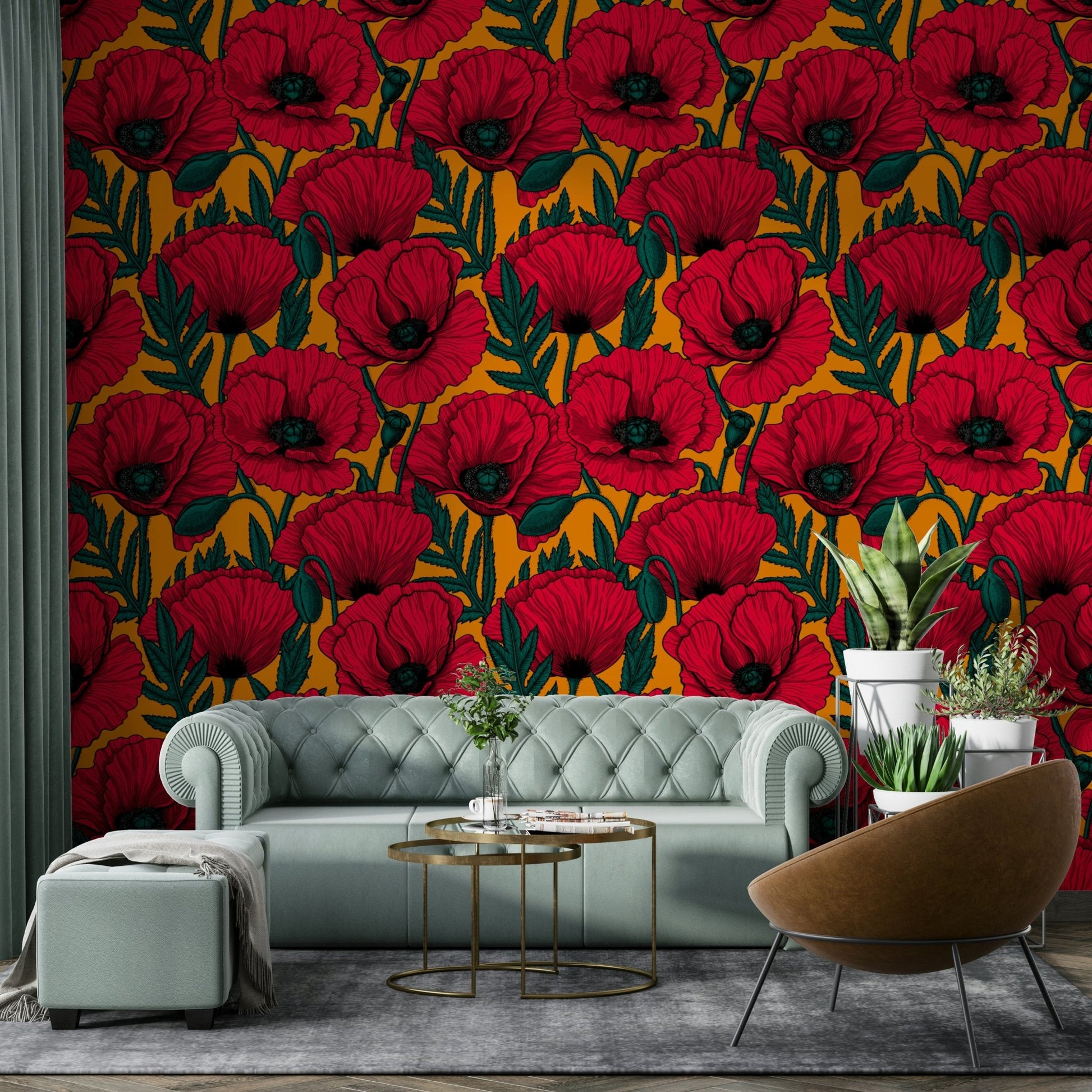 Bold and vibrant wallpaper with red poppies on orange

